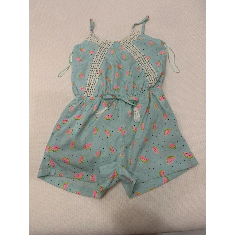 Japna Kids Girls Size 8 Watermelon Print Romper Blue Crochet Trim Summer